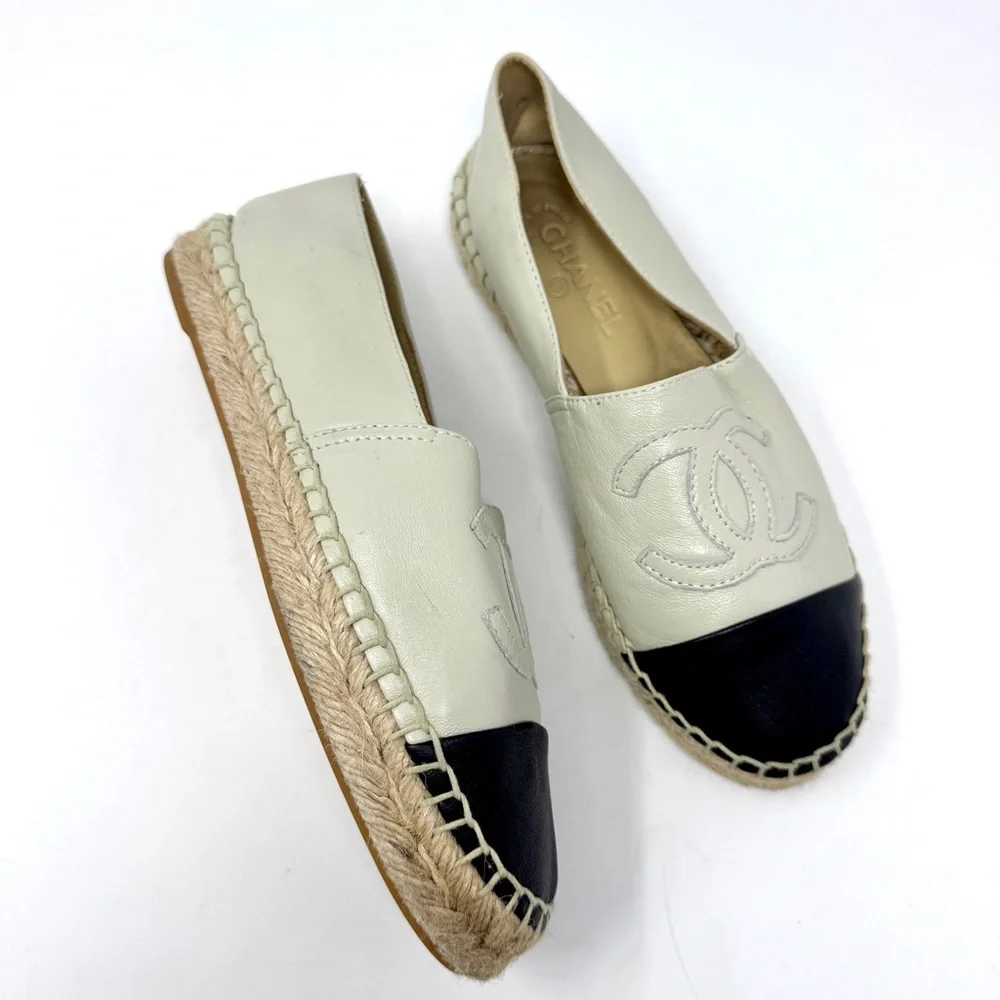 CHANEL Women's Black and Cream CC Logo Espadrilles Lambskin Leather